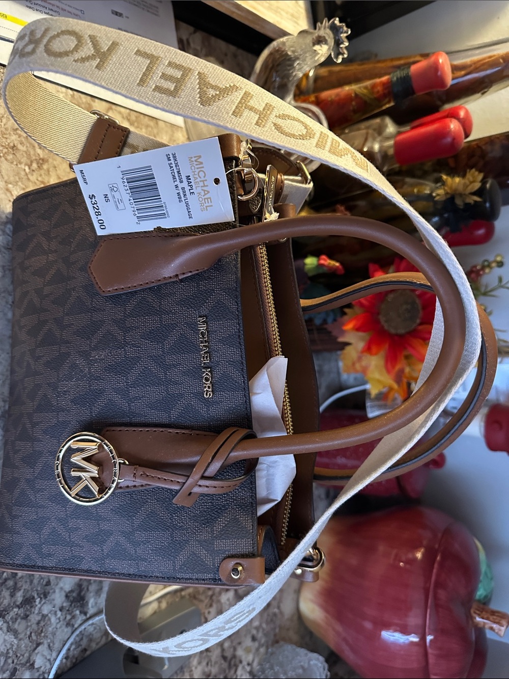 Michael Kors Brown Logo Satchel with Beige Logo Strap